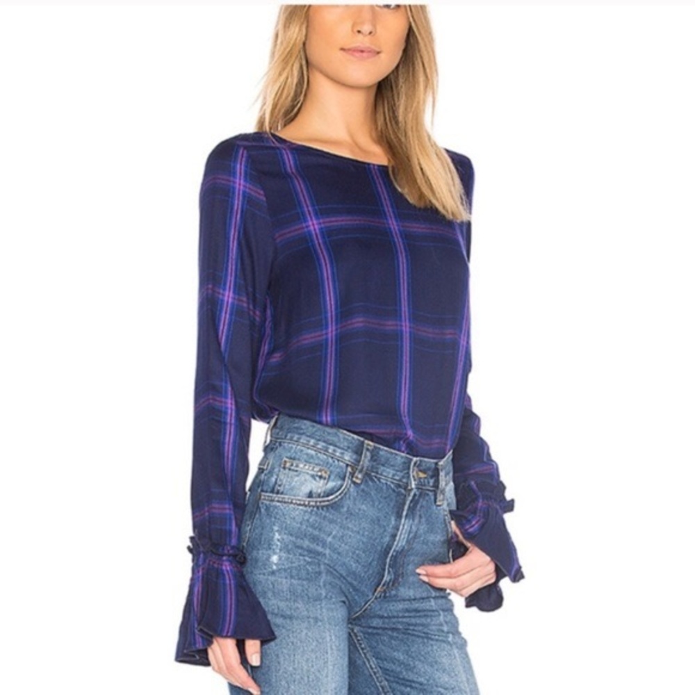 Sanctuary Dark Purple Plaid Blouse Size Small Bell Cuffs Romantic Coquette Fairy
